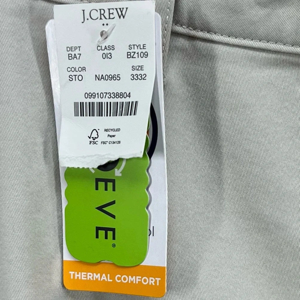 J Crew TruTemp 365 Pants‎ Mens 33x32 Beige Khaki Chino Slim Thermal Comfort NWT